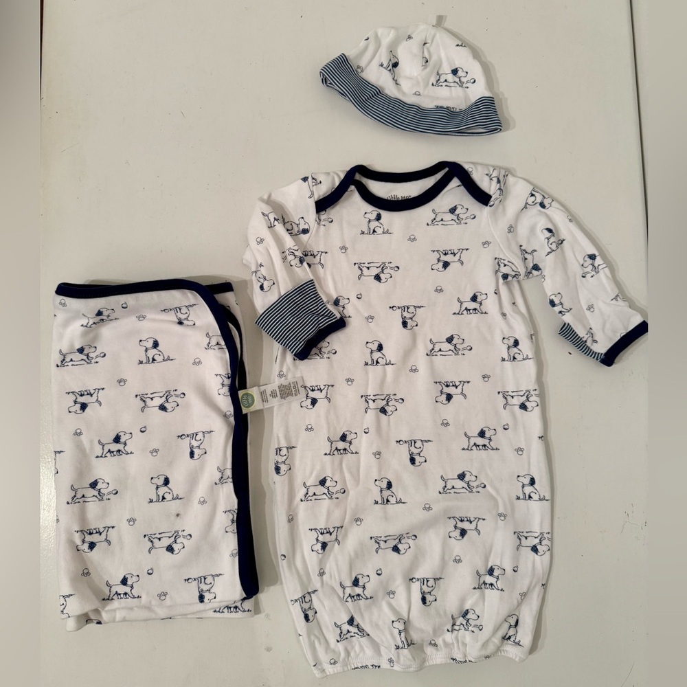 0-3M Little Me Puppy Toile Sleeper Gown, Hat and Swaddle EUC